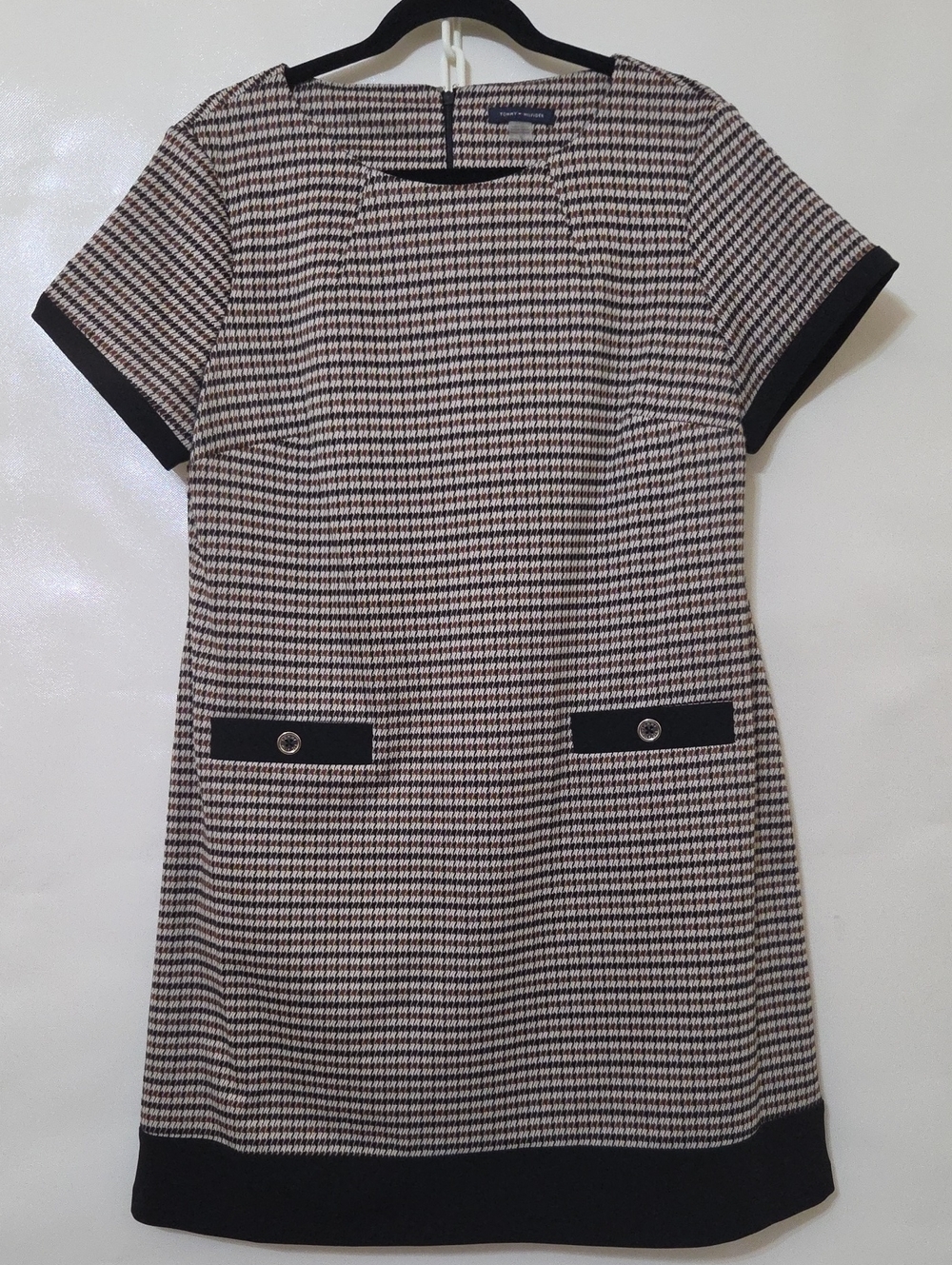 Tommy Hilfiger Women's Black & Cream Short Sleeve Houndstooth Shift Dress -Sz 16
